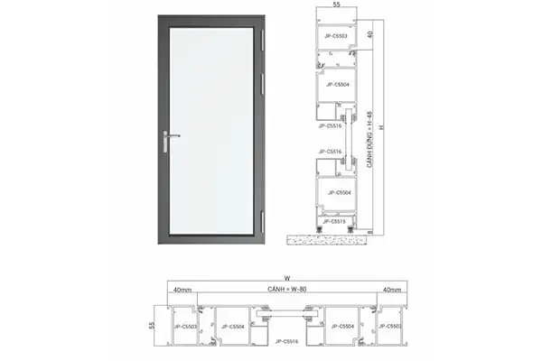 Cửa đi 1 cánh nhôm MAXPRO hệ 55