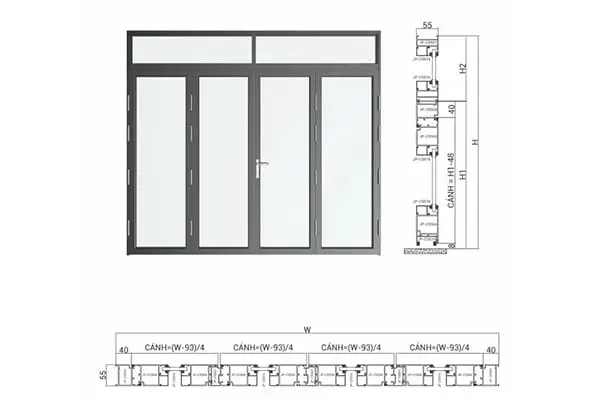 Cửa đi 4 cánh nhôm Maxpro hệ 55