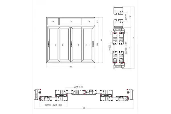 Cửa sổ mở lùa 4 cánh nhôm Maxpro hệ 65