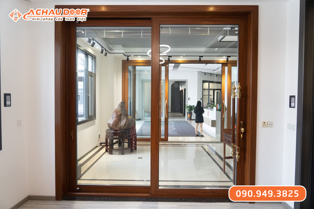 Cửa Nhôm Trượt Quay 2 Cánh Màu Vân Gỗ