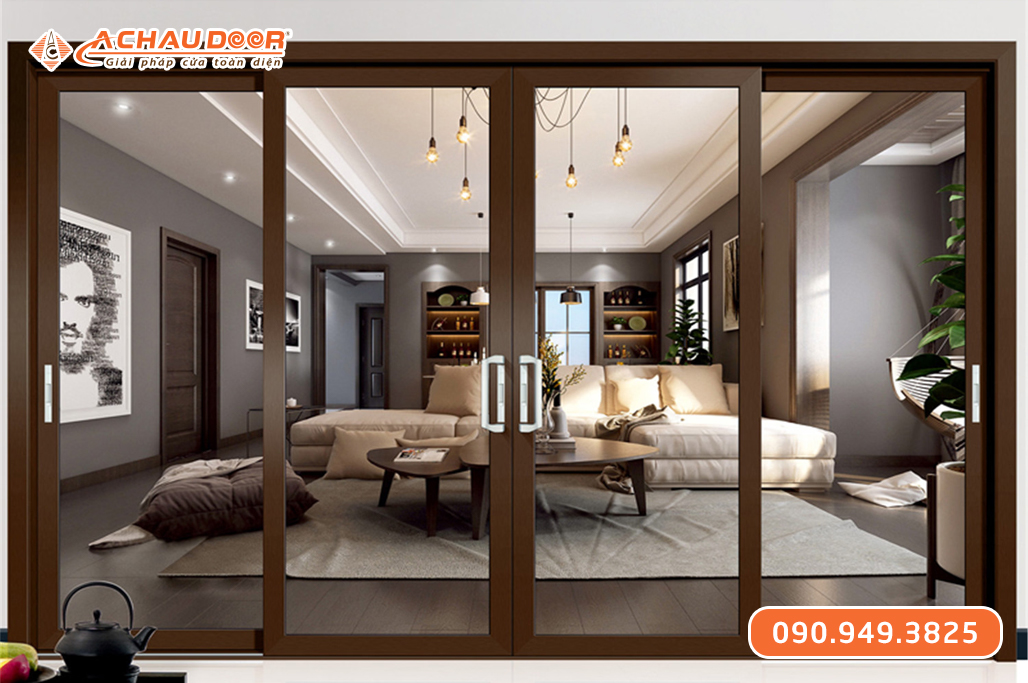 Cửa Nhôm Trượt Quay 4 Cánh Màu Nâu Cà Phê