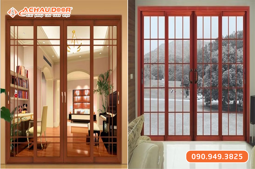 Cửa Nhôm Trượt Quay 4 Cánh Màu Vân Gỗ
