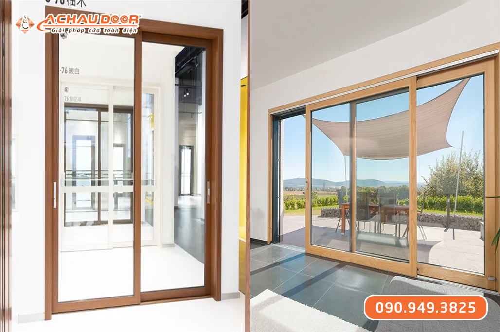 Cửa Nhôm Trượt Quay 2 Cánh Màu Vân Gỗ