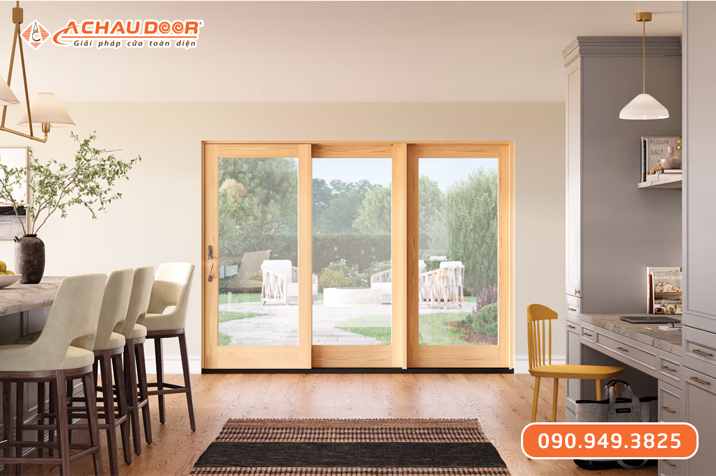 Cửa Nhôm Trượt Quay 3 Cánh Màu Vân Gỗ