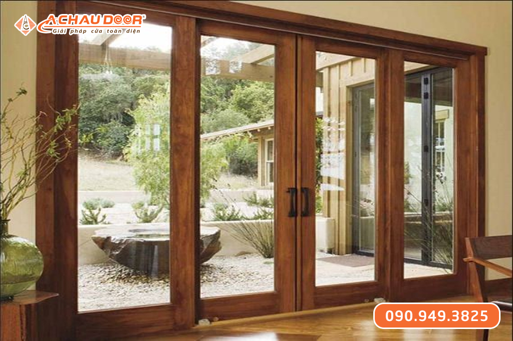 Cửa Nhôm Trượt Quay 4 Cánh Màu Vân Gỗ