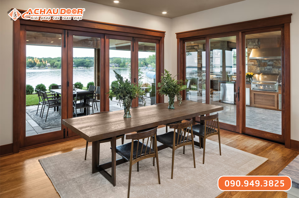 Cửa Nhôm Trượt Quay 3 Cánh Màu Vân Gỗ