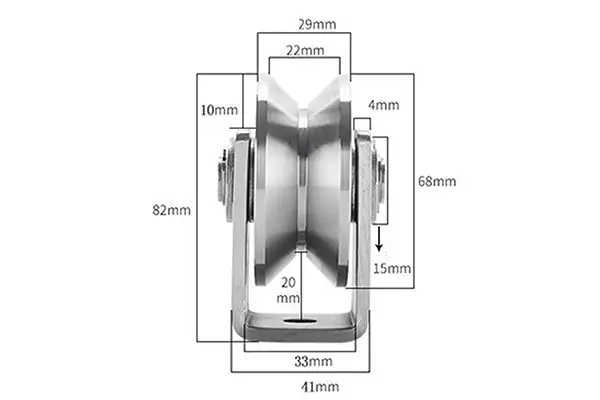 Kích thước bánh Inox v68, dầy 29, trong lòng V22 cao 82