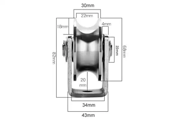 Kích thước bánh Inox U68, dầy 29, trong lòng U22 cao 82