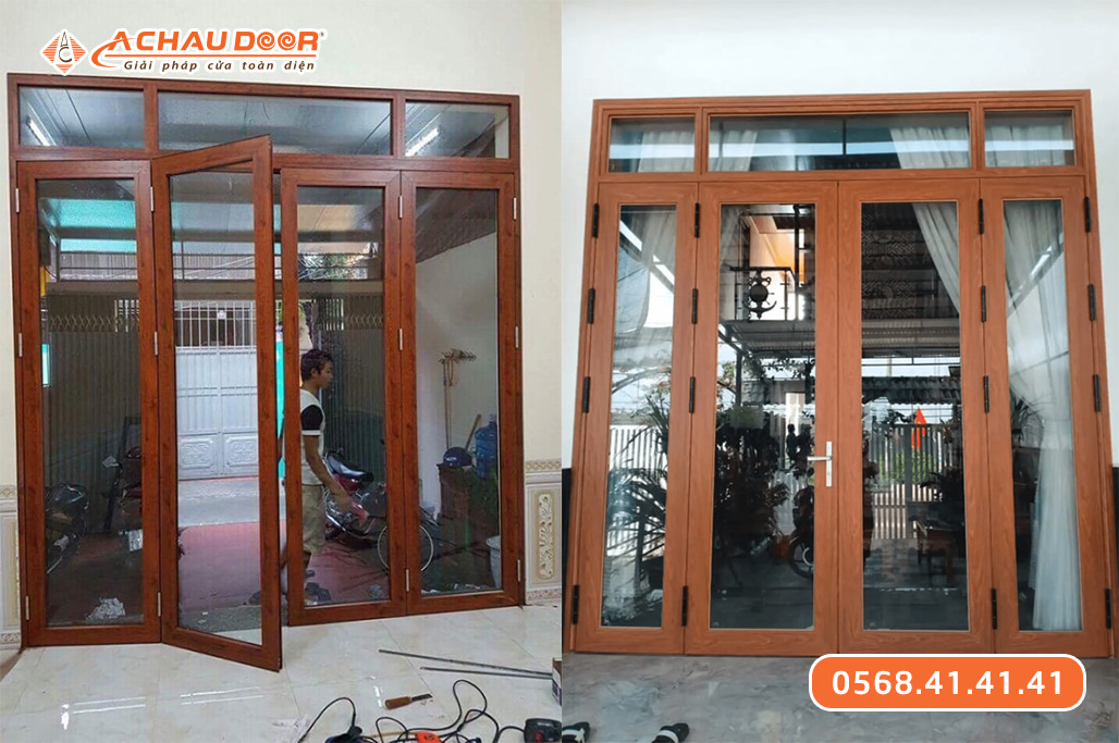 Cửa nhôm giả gỗ 4 cánh